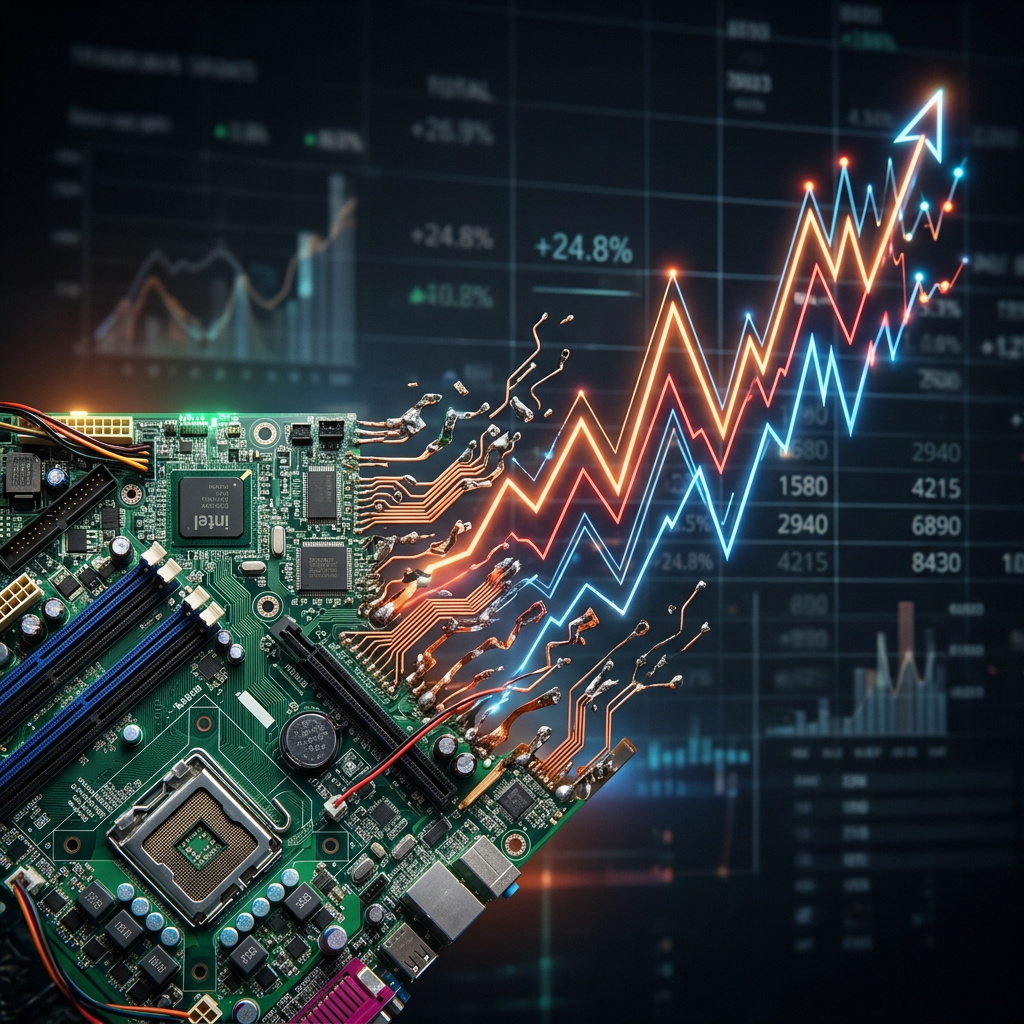 Circuit board with glowing lines turning into upward financial graph arrows against data background